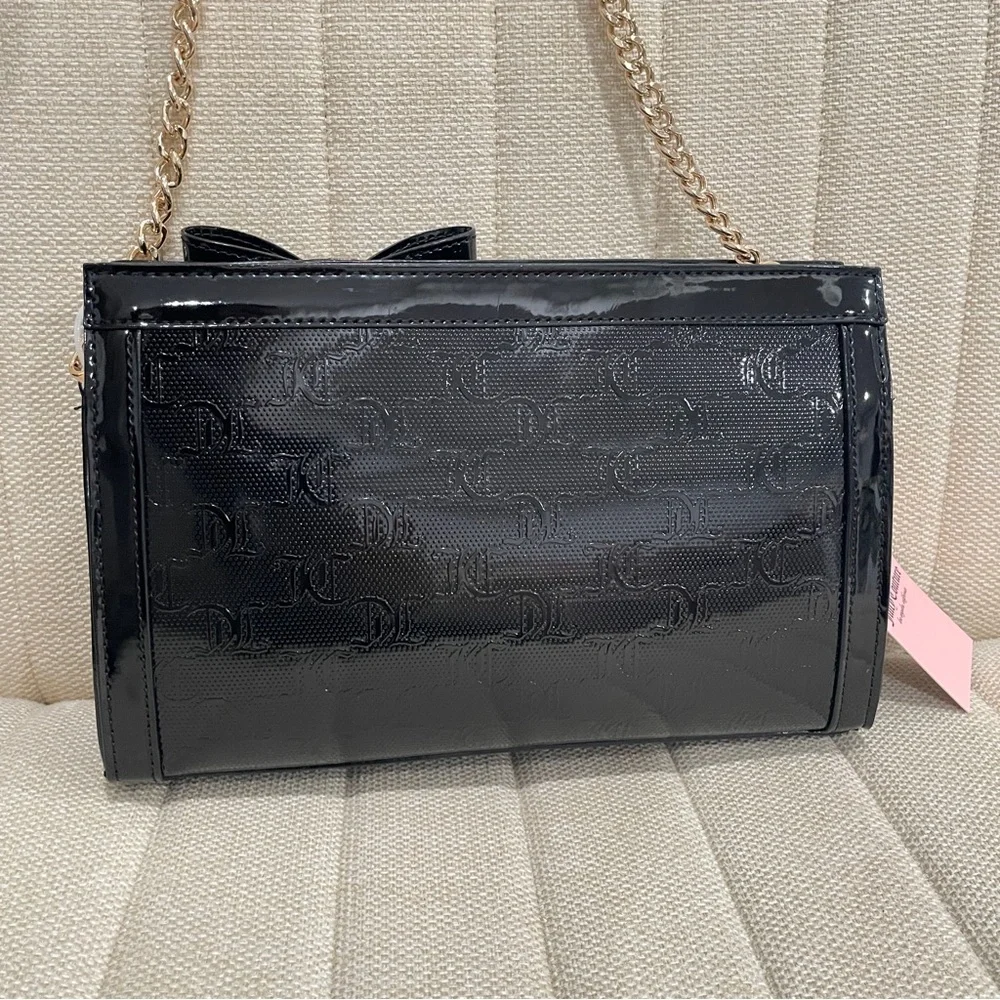 NEW‎ Juicy Couture Black Patent Monogram Bow Crossbody Bag Gold Chain